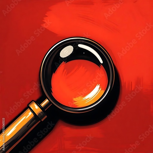 A vibrant, close-up illustration of a magnifying glass with a golden handle, set against a dynamic red background with brushstroke textures.
