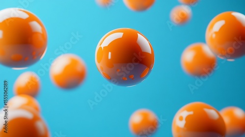 Abstract design of orange spheres in mid-air against a light-blue background.  Floating orbs, soft focus, glossy finish