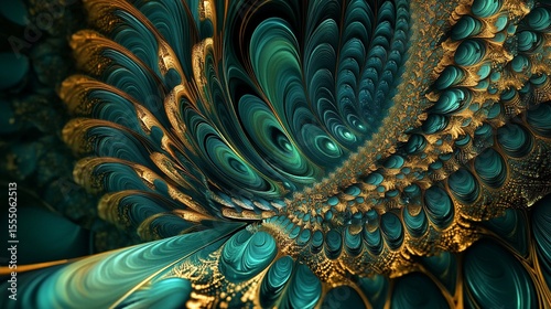 Abstract design, teal and gold, swirling patterns, detailed texture