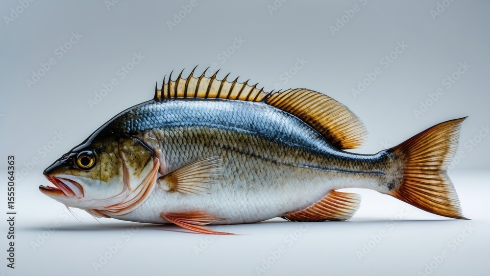 Freshly caught fish with spiny dorsal fin and detailed scales on a plain background. Freshly caught fish with spiny dorsal fin and detailed scales on a plain background.
