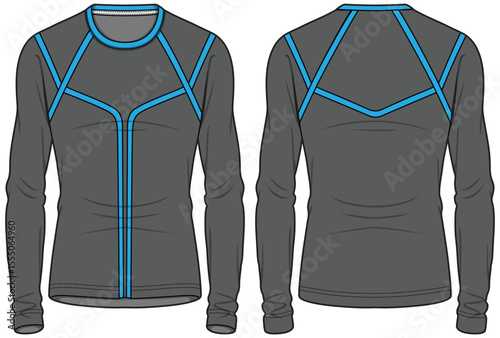 Long sleeve Compression running base layer top t shirt flat sketch design illustration, Tight fit top design vector template, Active wear compression top concept with front and back view cad drawing