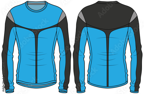 Long sleeve Compression running base layer top t shirt flat sketch design illustration, Tight fit top design vector template, Active wear compression top concept with front and back view cad drawing