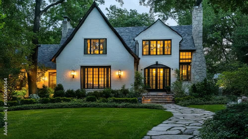 Contemporary white brick home exterior with large glowing windows at ...