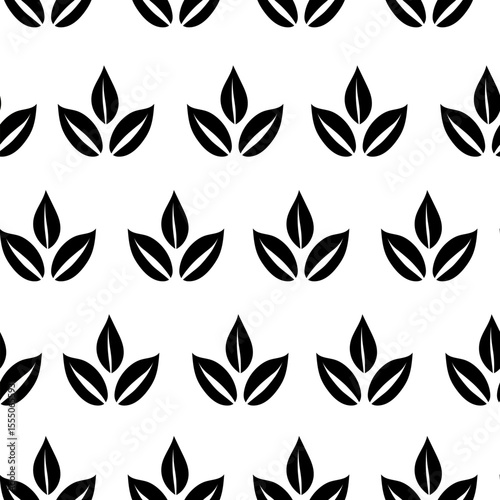 Black leaves silhouette, seamless pattern on white background, simple graphic pictogram illustration, eco friendly organic concept, flat label element for logo, vegan, save energy and self care