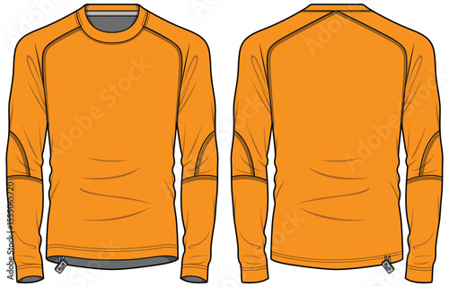 Long sleeve Compression running base layer top t shirt flat sketch design illustration, Tight fit top design vector template, Active wear compression top concept with front and back view cad drawing