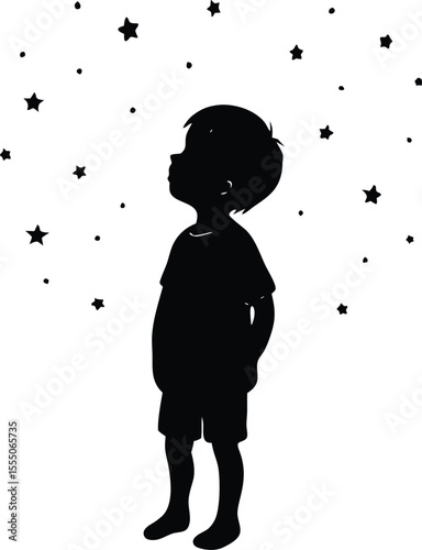 a little boy looking up at the stars in the sky silhouette vector