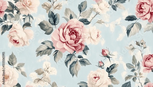 Seamless Vintage Chintz Floral Pattern with Pastel Roses and Peonies in Soft Cottage Core Style

