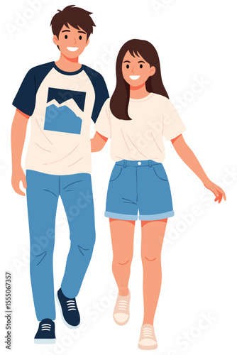 Young couple walking together depicting friendship and casual relationship in a lively and cheerful outdoor setting, expressing joy and companionship in their journey.