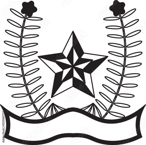 Black and white heraldic-style emblem featuring a geometric star, laurel branches, and a blank ribbon banner for customization. Ideal for badges, awards, logos, or vector crests.
