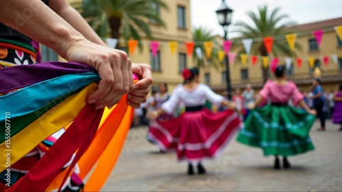 A close-up of a dancer's hands holding colorful ribbons, performance during a traditional Mexican folk dance in traditional costumes. Cinco de Mayo. Independence Day. Fiesta and festival vibe