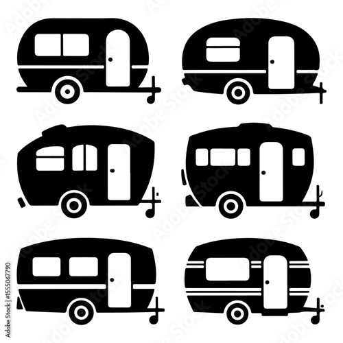 Set of Black silhouette of a caravan different style whit background