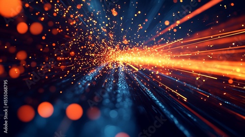 Abstract digital tunnel of light with particles.  Vibrant colors explode outward