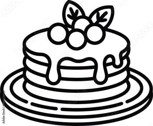Minimalist pancake stack with syrup blueberries and leaves presented in a clean black and white line art style