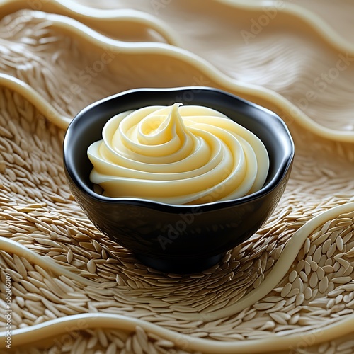 Ultra High-Resolution Beauty Cream Swirl in Sleek Black Bowl on Textured Sesame-Inspired Background – Luxury Skincare Concept