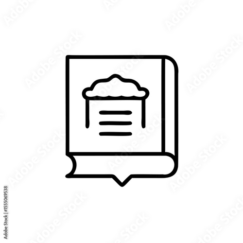 Outline book icon with food symbol on cover three horizontal lines on page against background