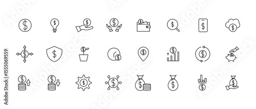 A clean and modern finance icon set in line style. Includes various money, business, and investment symbols. Fully editable stroke for easy customization