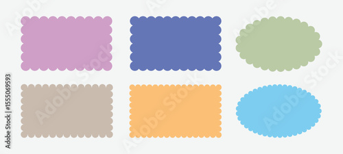 Set of frames with zigzag edge, scallop edge shape. Rectangular, oval scalloped frames. Isolated elements for design of text box, badge, banner.	
