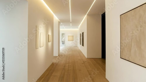 Indoor walkway between rooms with clean white walls, wooden flooring, minimal wall art, and ceiling strip lighting