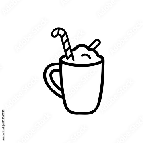 Handdrawn of a mug with whipped cream candy cane on background drink beverage