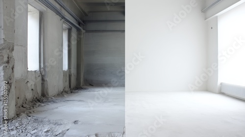 A room showing dramatic transformation from a dilapidated state to a freshly renovated modern interior.