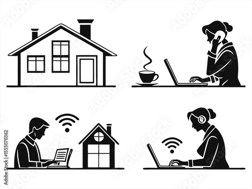 working from home icon set sihouette black vector bundle