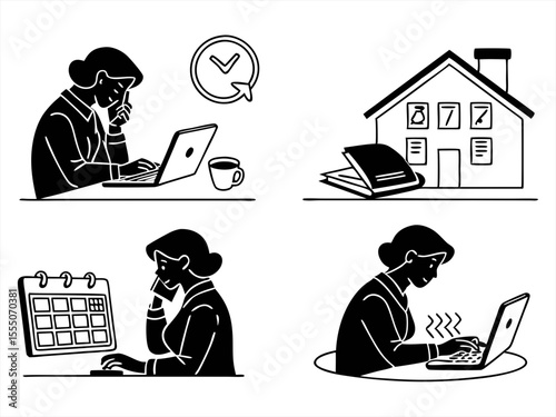 working from home icon set sihouette black vector bundle
