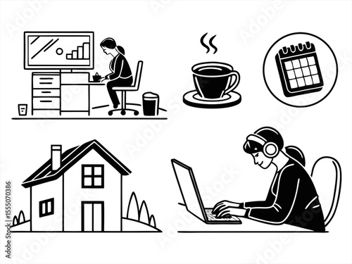 working from home icon set sihouette black vector bundle