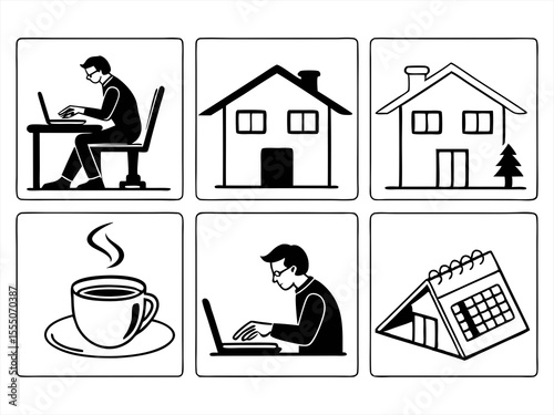 working from home icon set sihouette black vector bundle