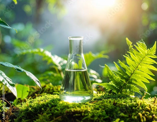 Natural extract in flask with green moss and fern