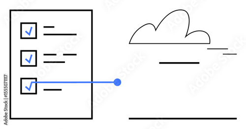 Checklist with blue checkmarks, cloud icon, and simple lines suggesting data sharing, organization, or workflow. Ideal for productivity, collaboration, cloud storage, planning remote work task