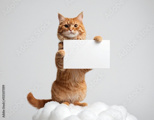 Ginger Cat Holding Blank Sign: An adorable ginger cat, sitting on a fluffy cloud-like surface, holds up a blank white sign, offering a playful. Ai generated image