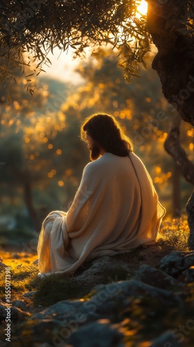 Jesus praying under an ancient olive tree at dusk, golden light and tranquil spiritual atmosphere
