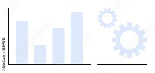 Vertical bar chart alongside interlocking gears portraying data analysis, teamwork, strategy, process improvement. Ideal for business, productivity, planning, workflow strategy efficiency. Simple