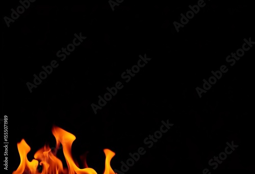 Intense orange and yellow fire flames licking upwards against a stark black backdrop,  flicker,  dark