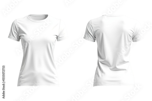 An elegant, high-resolution mockup showcasing both front and back views of a pristine white women’s fitted cotton t-shirt. Soft, luminous fabric and graceful seams are highlighted under diffused studi
