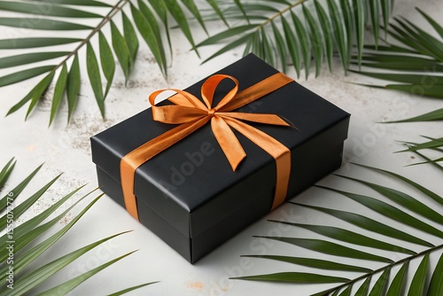 Black gift box with orange ribbon and tropical palm leaves, perfect for birthday, party, holiday, surprise, present decoration, gift packaging, celebration design