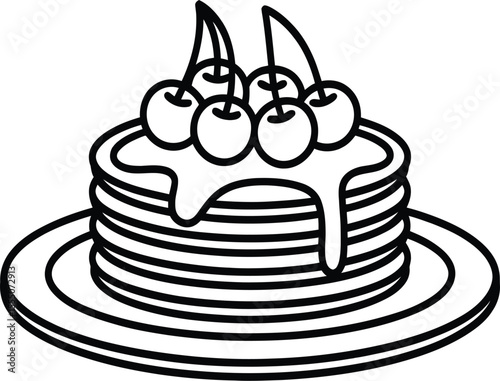 Pancake Stack with Cherries and Syrup Outline Breakfast Food Illustration Black and White Line Art Simple Design Sweet