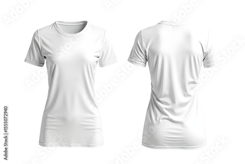 An elegant, high-resolution mockup showcasing both front and back views of a pristine white women’s fitted cotton t-shirt. Soft, luminous fabric and graceful seams are highlighted under diffused studi