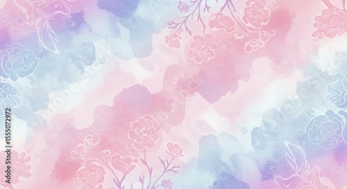Pastel Watercolor Background with Delicate Floral Line Art