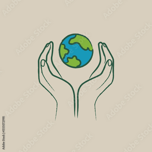 Hands holding floating planet — minimal sketch line vector on craft background