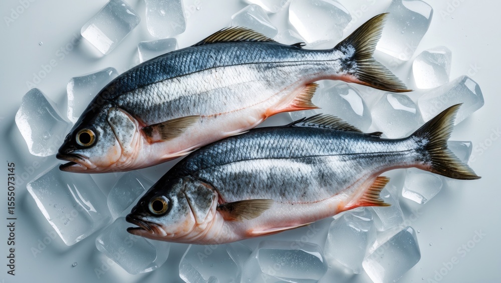 Two fresh fish on ice with ice cubes. Fresh seafood, aquatic animals, and freeze store. The concept of fresh fish and seafood storage. Two fresh fish on ice with ice cubes. Fresh seafood, aquatic animals, and freeze store. The concept of fresh fish and seafood storage.