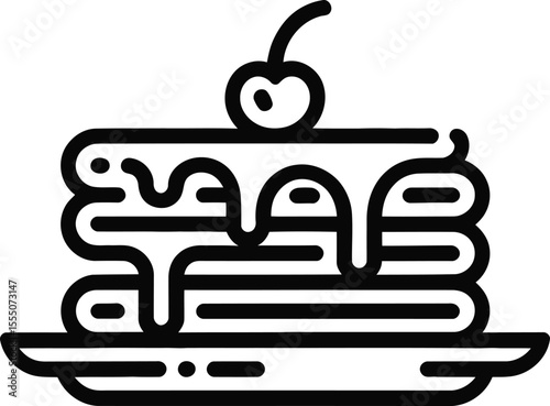 Pancakes with Syrup and Cherry Icon Breakfast Food Symbol Sweet Treat Simple Line Art Vector Illustration Isolated on