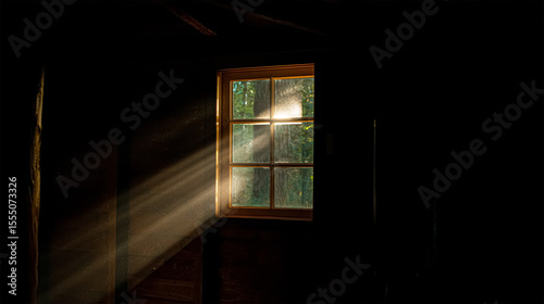 A ray of sun coming through the wooden shutters, illuminates dust on the inside of a dark room. Close up, selective focus. Vintage background