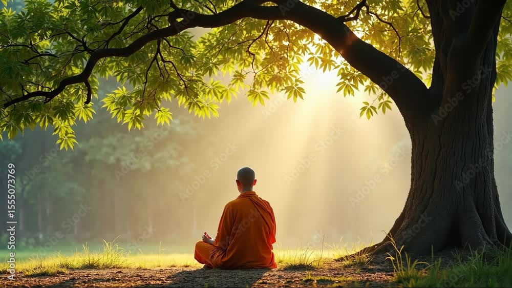 Vesak, Buddha Purnima. Monk is sitting under a tree, meditating. The scene is peaceful and serene, with the sun shining through the leaves of the tree. The man is wearing an orange robe