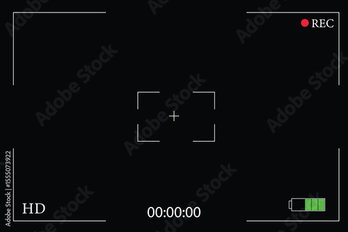 Video camera screen. Camera frame with rec, battery, focusing. Vector