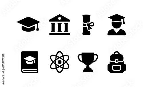 Set of education icons featuring graduation cap, diploma, and school building
