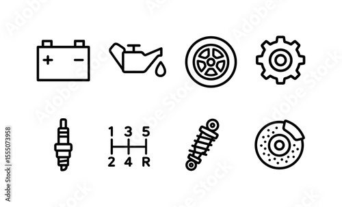 Essential automotive parts: battery, oil, tires, gear, and more icons set