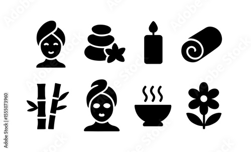 Spa and wellness icons featuring facial mask, aromatherapy candle, and relaxation elements
