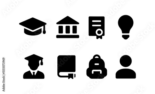 Education icons set: graduation cap, book, diploma, light bulb, backpack, institution, person