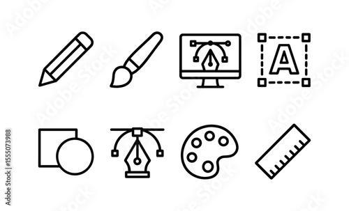 Creative design tools: pencil, brush, monitor, font, shapes, pen tool, palette, ruler icons